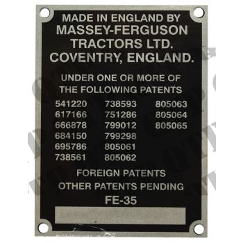 Massey Ferguson Tractor Badge - FE 35 Serial Badge - 62460
